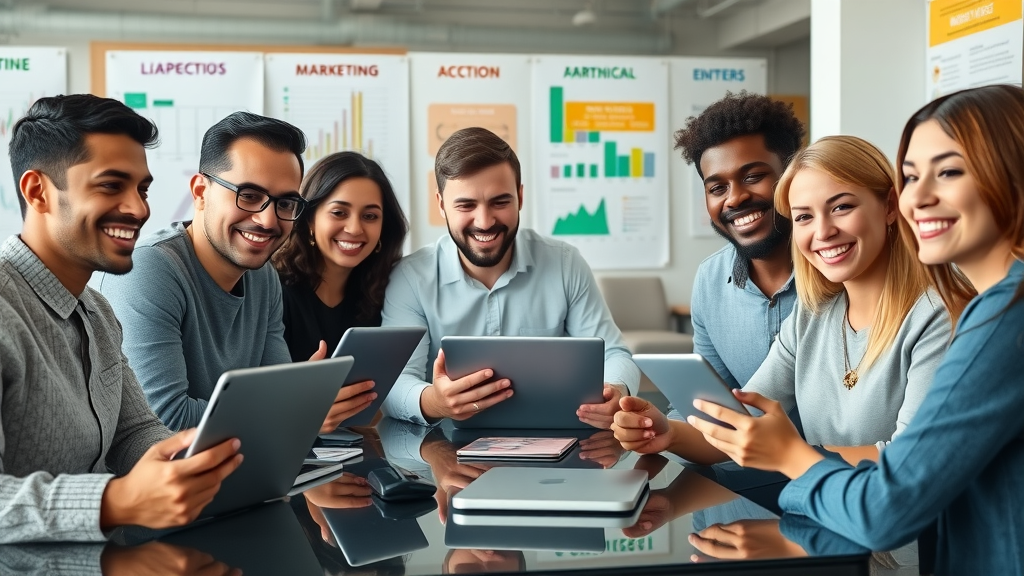 Digital marketing tips for startups - diverse founders brainstorming digital marketing strategies in a modern coworking space