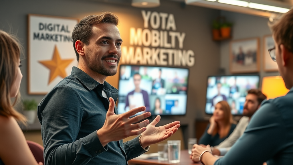 Startup founder sharing digital marketing strategies and success stories with a motivated team