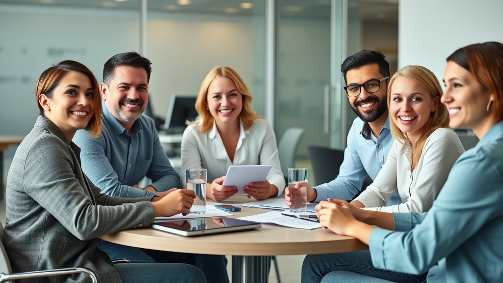 inspiring professional small business team collaborating on content marketing strategy, digital devices and documents, modern office, bright natural lighting