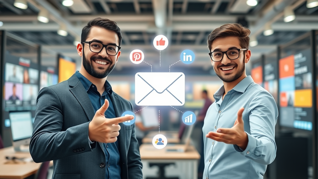 business owners integrating email marketing with social media platforms in collaborative workspace