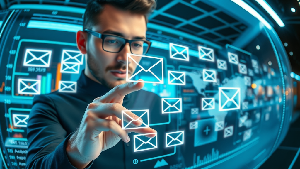 futuristic interface for advanced email list segmentation, marketer customizing dynamic content with AI, glowing holographs