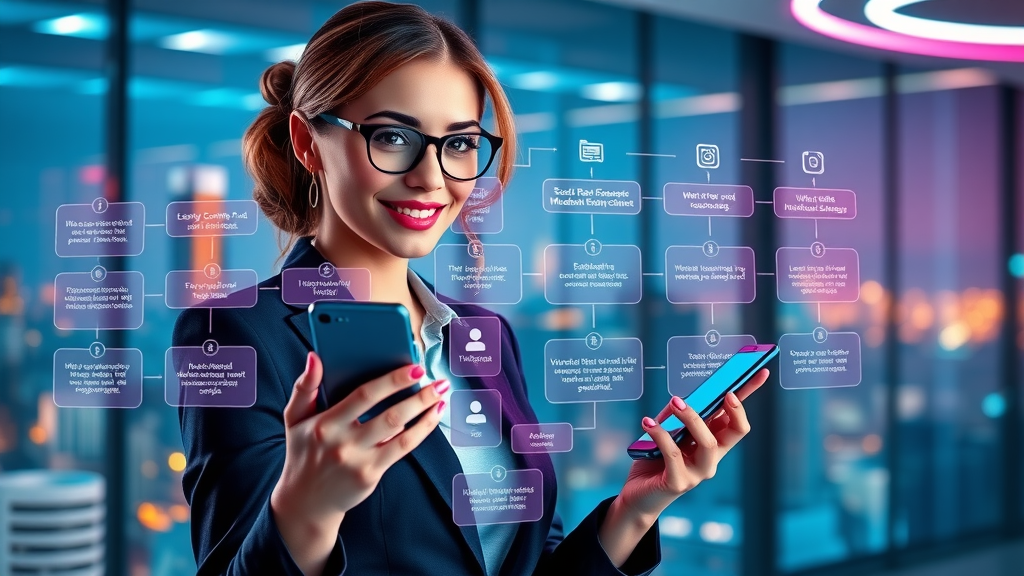 social media marketing for small business in Albuquerque - Flowchart breakdown of social media content rules, Albuquerque businesswoman holding a phone with digital strategy dashboard