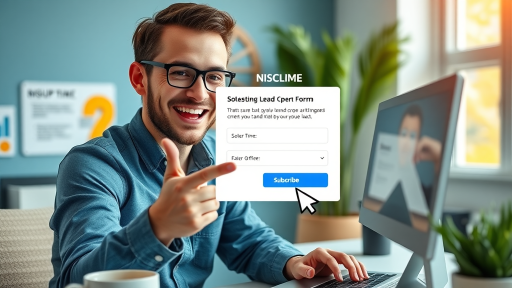 Marketer optimizing lead capture form, demonstrating signup incentives, professional workspace, animated cursor highlighting subscribe button, blues and greens