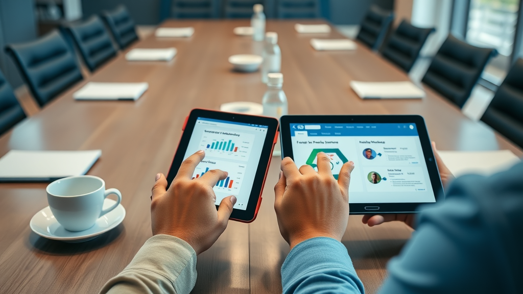 close-up hands comparing leading email marketing software platforms for small business needs