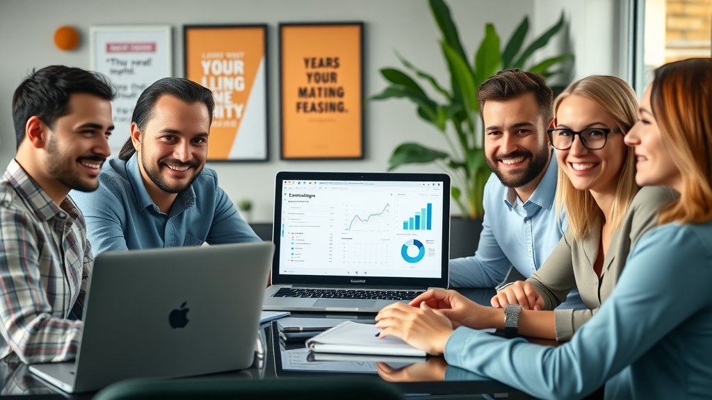 email marketing for small business team collaborating on email campaign analytics in a modern office