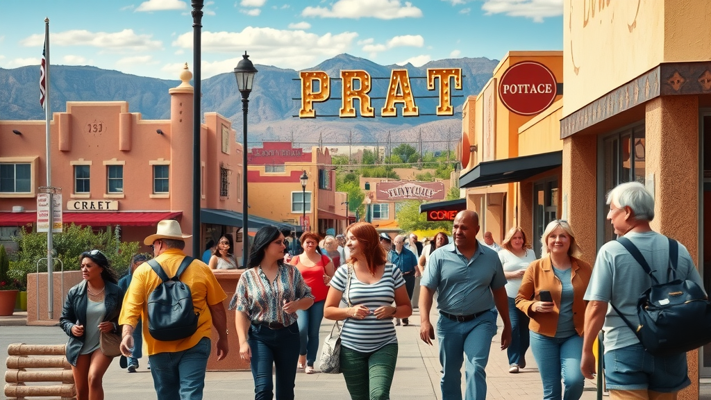 vibrant Albuquerque main street, friendly shop owners, greeting customers, Photorealistic High Fidelity Lifelike, scenic Southwest background with adobe buildings and distant Sandia Mountains, highly detailed, people walking and browsing local stores, warm earth tones, natural daylight, shot with a 35mm lens. Main Keyword: Google My Business Albuquerque
