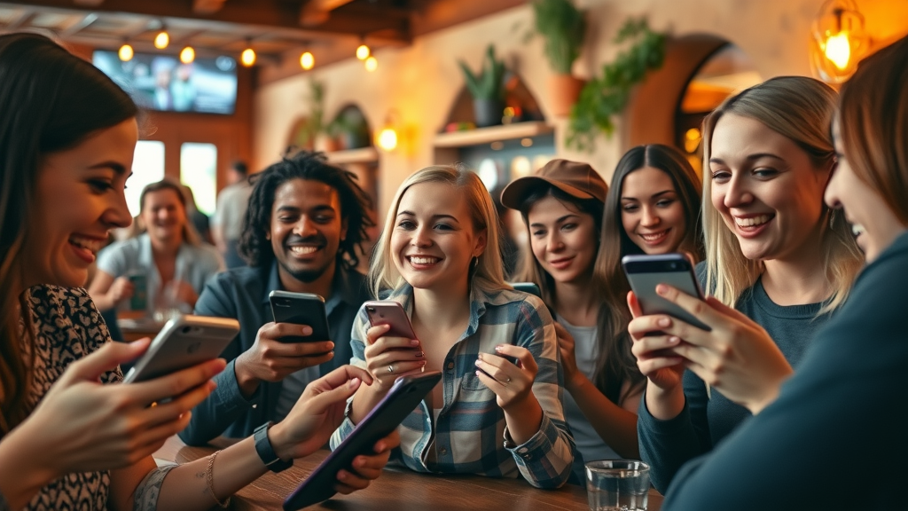 diverse Albuquerque audience interacting local brand social media marketing Albuquerque café motion engagement social ads fantasy scene