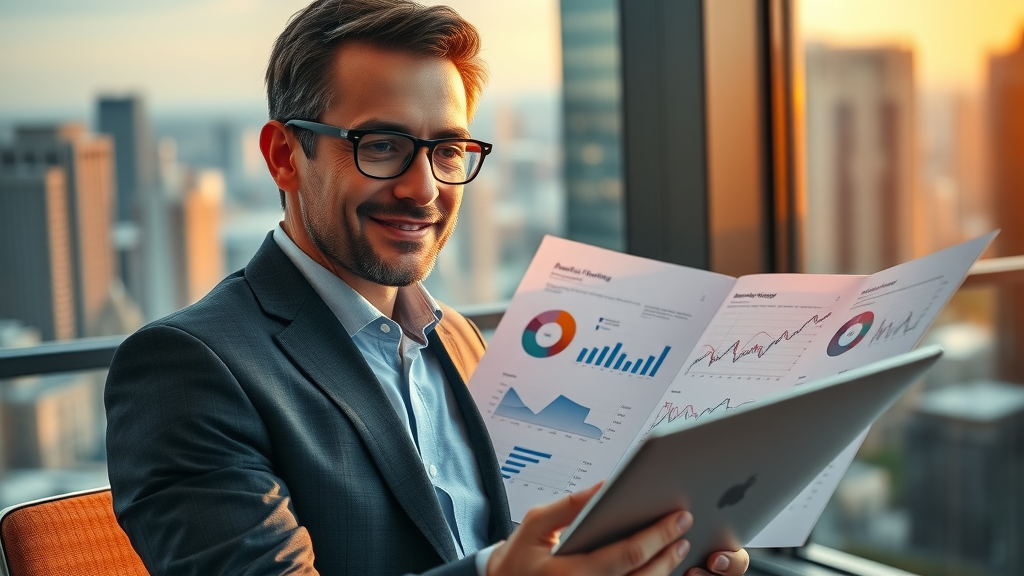 measuring and refining small business marketing strategies, analyst with digital tablet and marketing charts in modern office