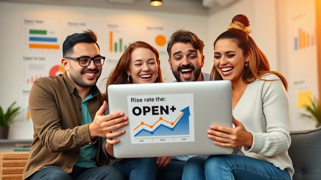 email open rate optimization happy marketing team celebrating high open rates