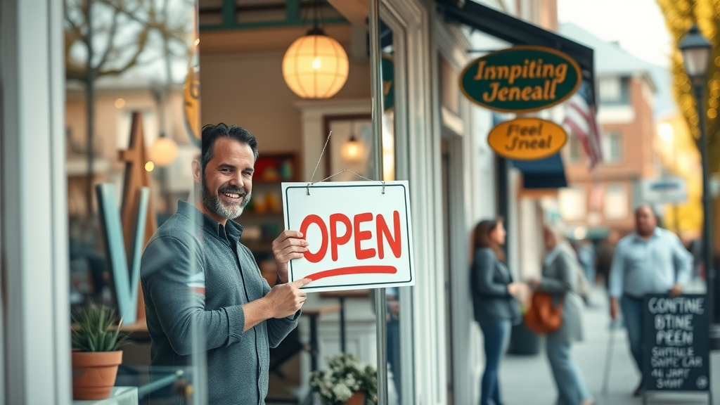 essential small business marketing strategies, owner opening storefront to welcome customers on a charming main street