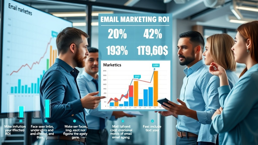Infographic showing upward graphs and statistics on personalized email marketing ROI, marketers analyzing analytics, modern office dynamics, energetic group collaboration, blue and white palette