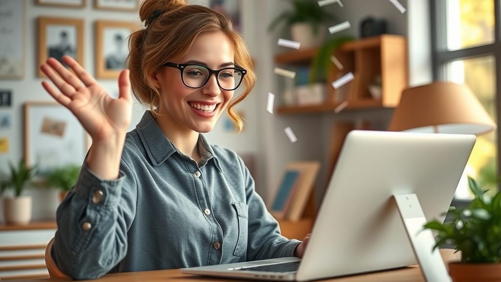 enthusiastic small business owner celebrating email campaign success