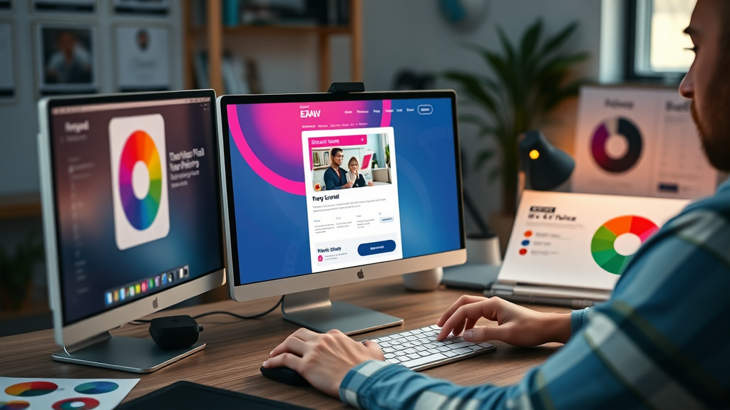 Creative designer focused on designing vibrant email template on computer in digital agency office - building email templates and subject lines