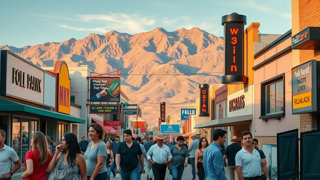 Targeted advertising Albuquerque vibrant business district with local owners and digital billboards, Sandia Mountains in the background