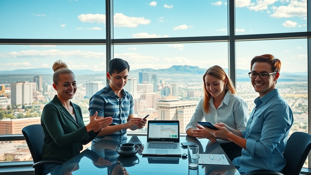 Albuquerque digital marketing team analyzing strategies in a modern office overlooking Albuquerque skyline