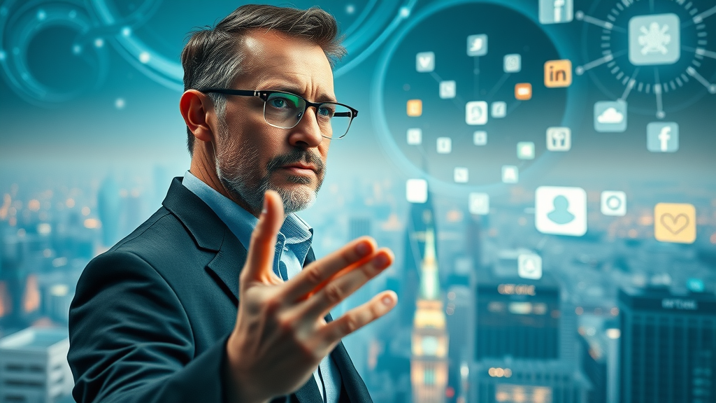 Futuristic marketing leader with augmented reality projection of social media trends, post-2025 media trends.