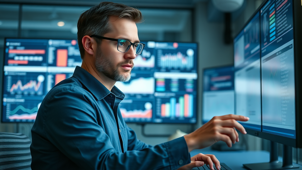 Professional marketer using advanced dashboard for social listening, data-driven media marketing strategies 2025, social sentiment graphs.