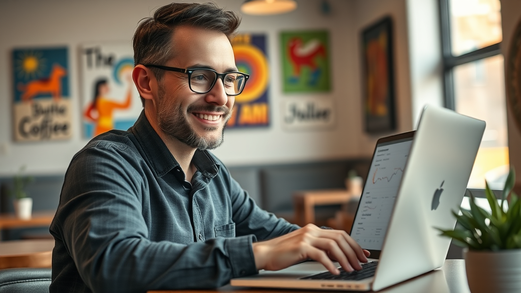 Dynamic Albuquerque business owner reviewing SEO analytics on a laptop in a colorful coffee shop, showing increased website traffic and growth