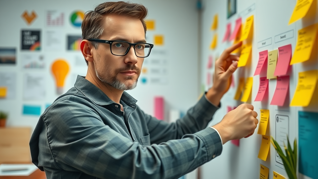 marketing strategist planning actionable tips to maximize content marketing ROI with workflow on a wall