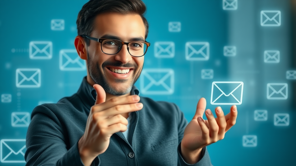 Marketing professional illustrating email personalization on a touchscreen, showing personalization features, digital communication graphics, email icons, blue and teal tones