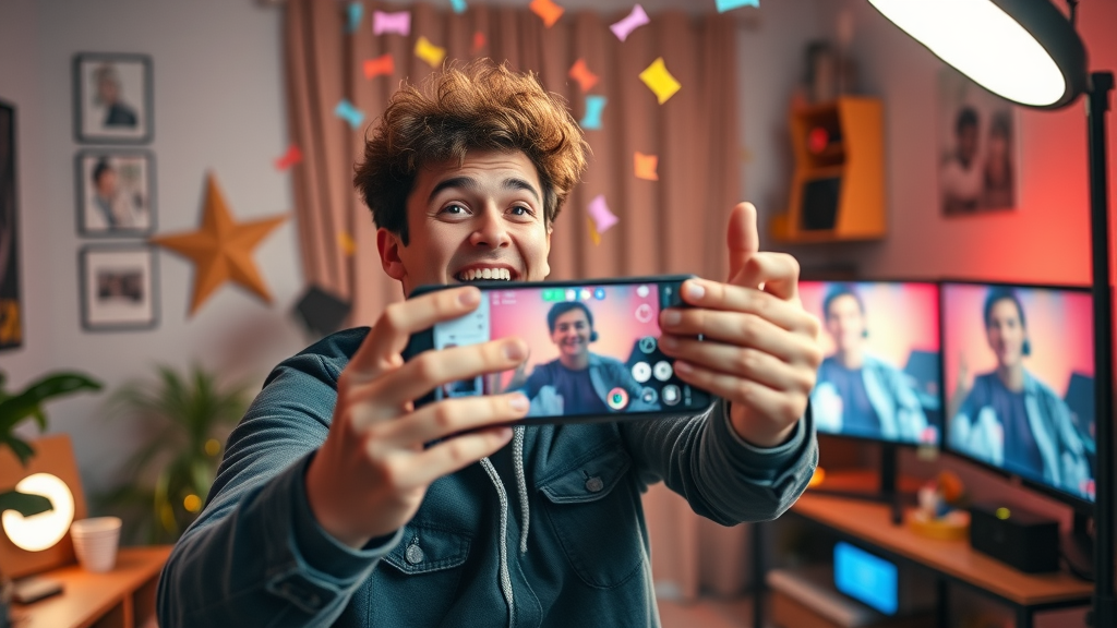 Energetic young creator recording short-form video, Youtube Shorts, social media content creation 2025.