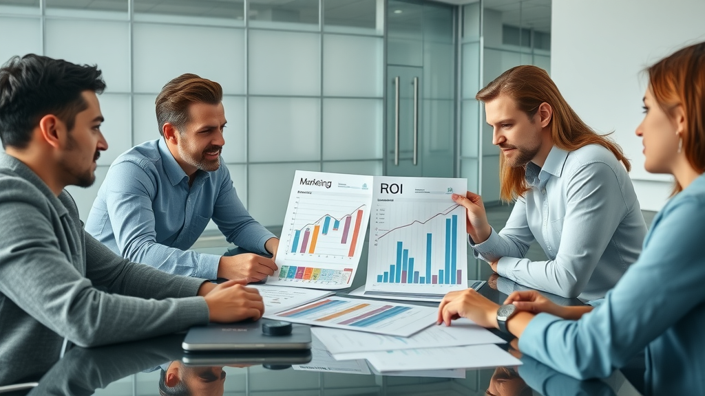 marketing team collaborating on email marketing ROI strategy over ROI charts in a modern office