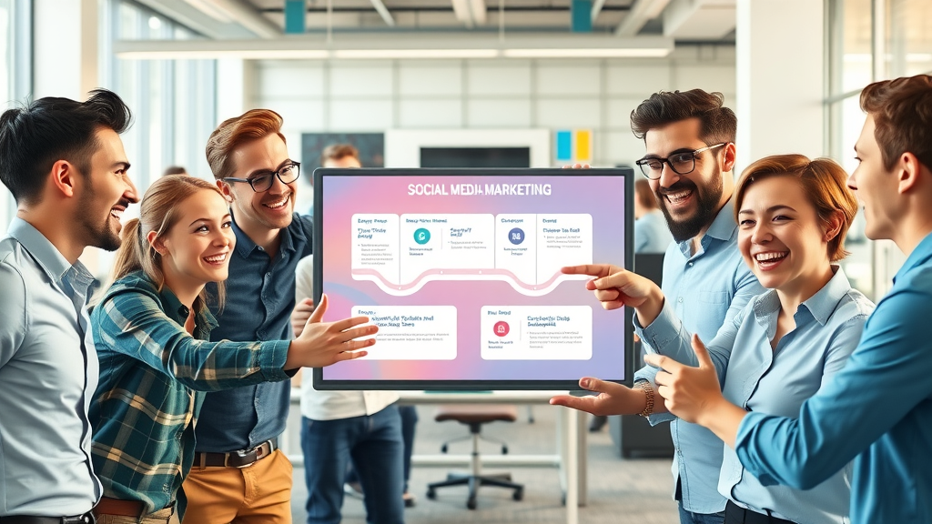 Energetic marketing team with step-by-step roadmap for social media marketing trends 2025 on digital screen.