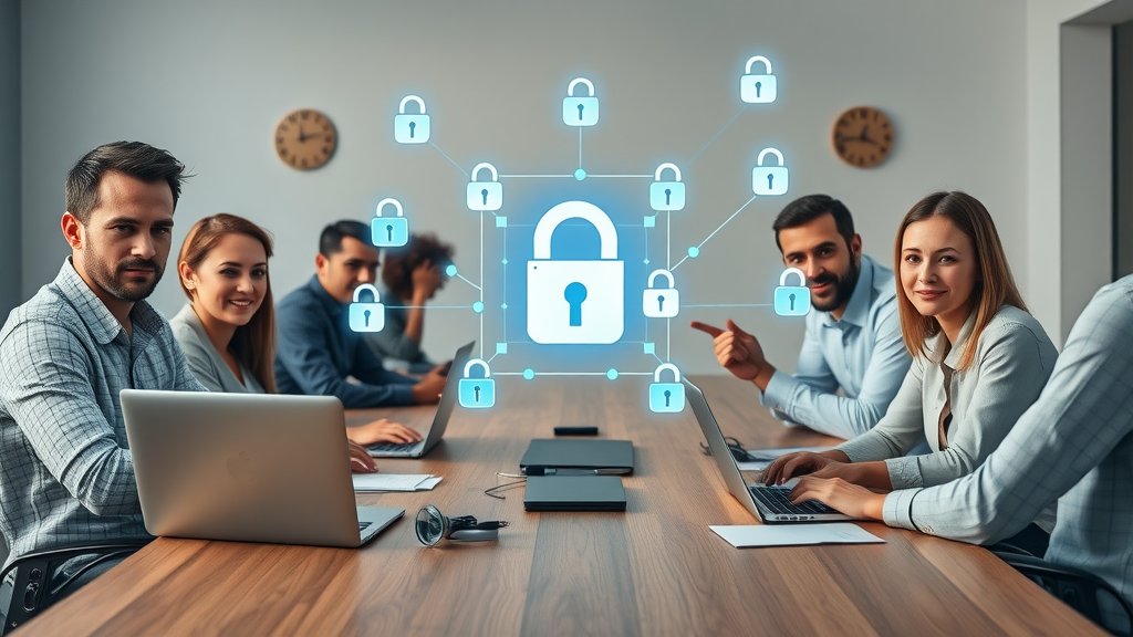 Team overcoming digital marketing obstacles, collaborating to solve data privacy barriers, visual locks and warnings, conference table, tech blue accents