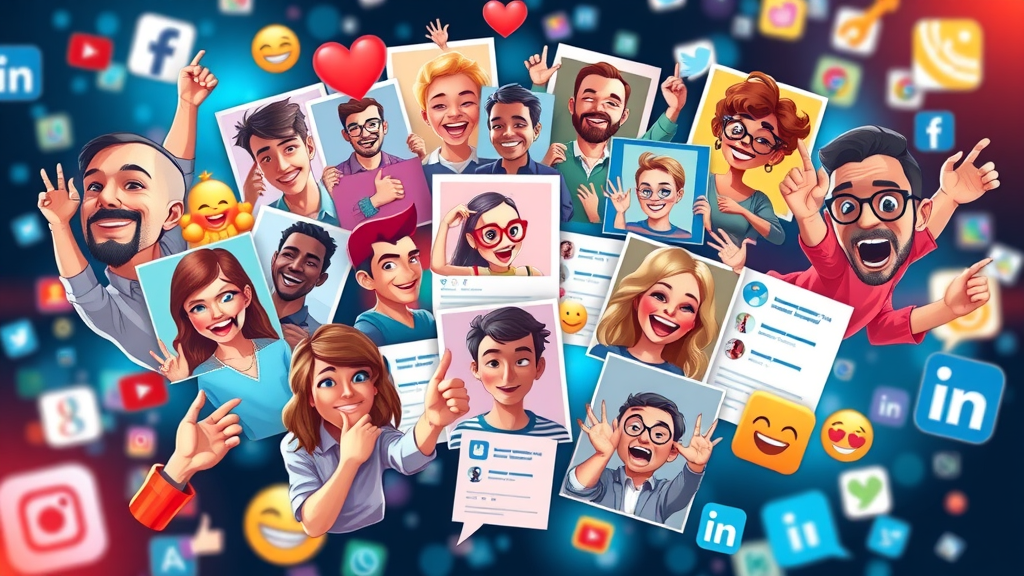 Colorful collage of diverse social media posts, engaging graphics, quality content, icons of Facebook, Instagram, LinkedIn