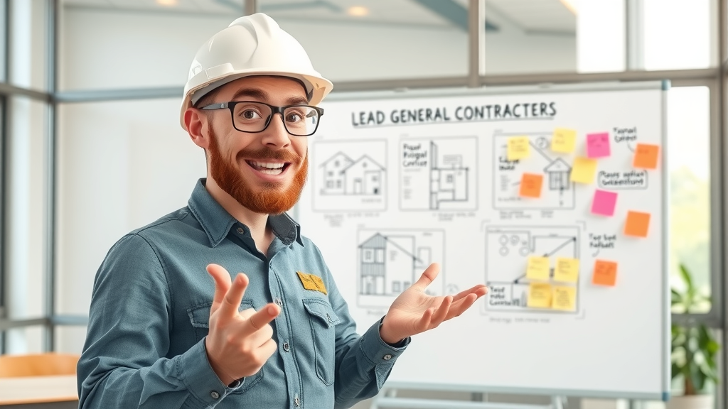General contractor presenting innovative construction lead generation ideas at whiteboard