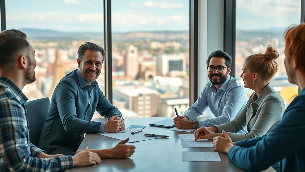 social media marketing for small business in Albuquerque - Marketing consultant meeting with small business team discussing strategies in Albuquerque conference room