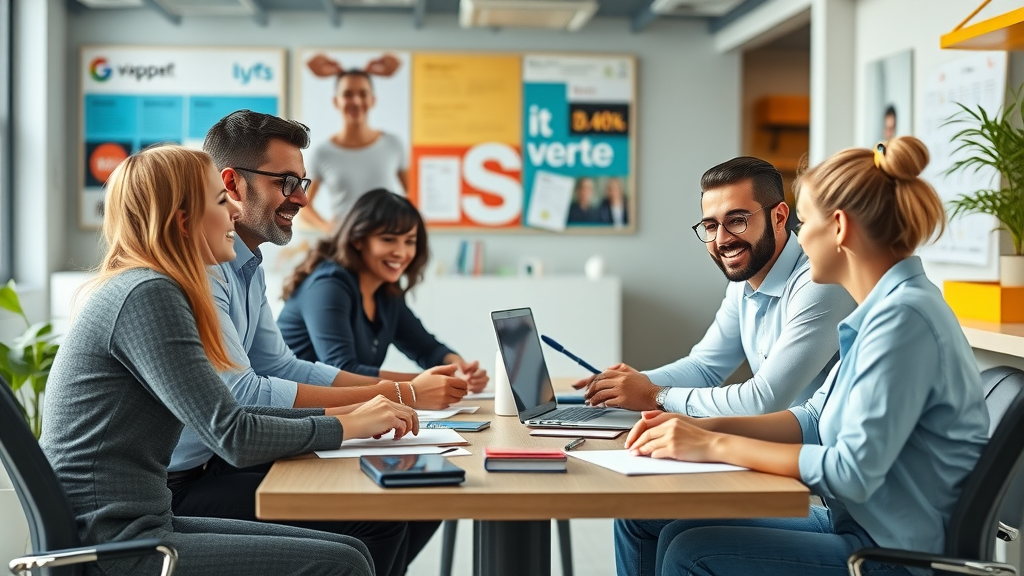Dynamic small business team brainstorming creative marketing strategies around a table. Small business marketing strategies team collaboration.