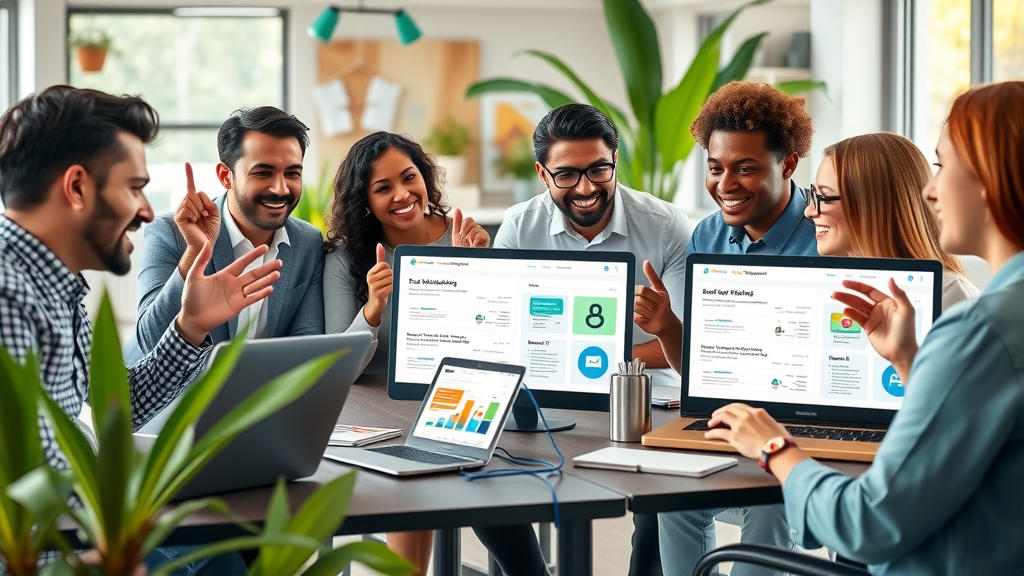 email automation for small business team collaborating in a vibrant modern office with email marketing dashboards on laptops