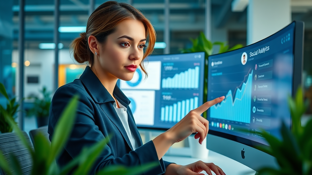 Businesswoman analyzing social media analytics dashboard for local business social media advertising