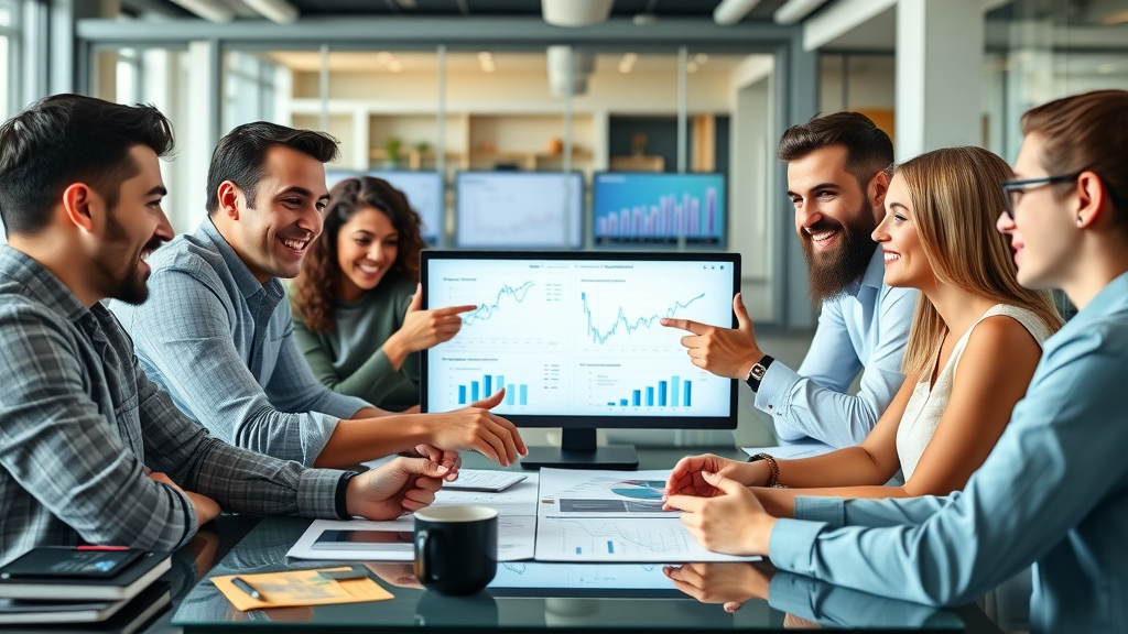 digital marketers reviewing email segmentation analytics in modern office, charts, and data insights