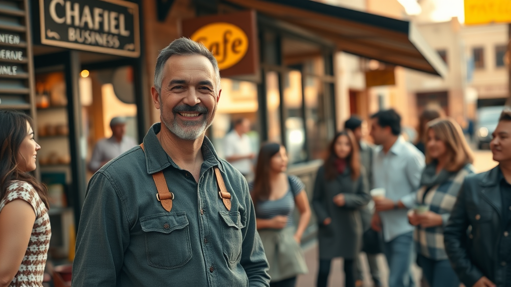 Albuquerque small business owner, satisfied, talking to customers outside a busy city cafe, photorealistic