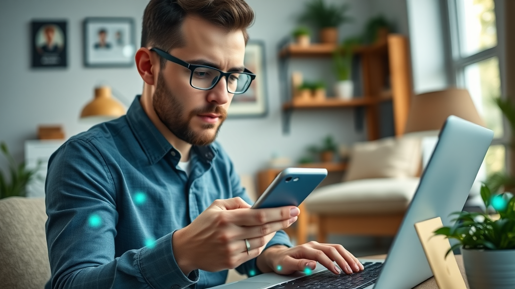 sharp closeup of a business owner using a smartphone and laptop, focused, updating business profile online, Photorealistic High Fidelity Lifelike, modern cozy office with local decor, highly detailed, digital interface elements overlay, blue and green primary colors, soft diffused lighting, shot with a 50mm lens. Main Keyword: Google My Business Albuquerque