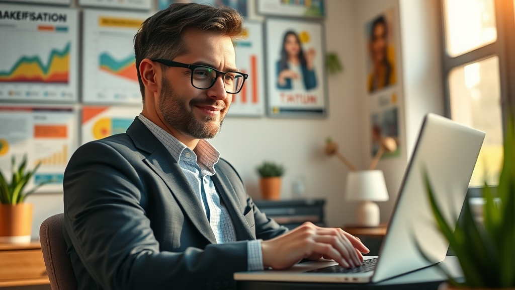 inspirational entrepreneur reviewing email analytics for successful email list building in their home office