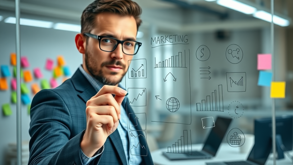 Business owner mapping digital marketing plan for social media engagement small business on a glass board in a modern office