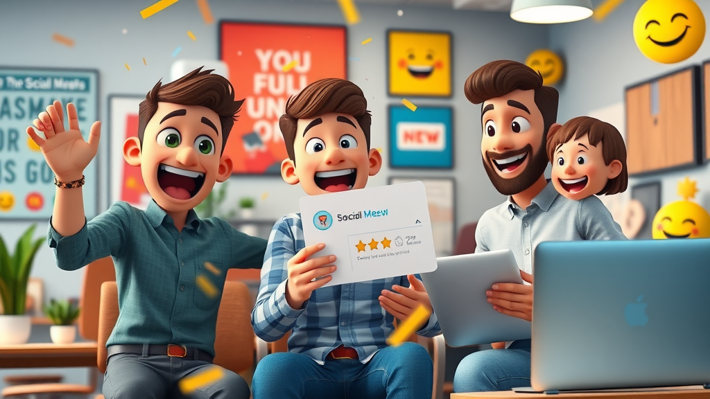 small business team celebrating positive online social media review