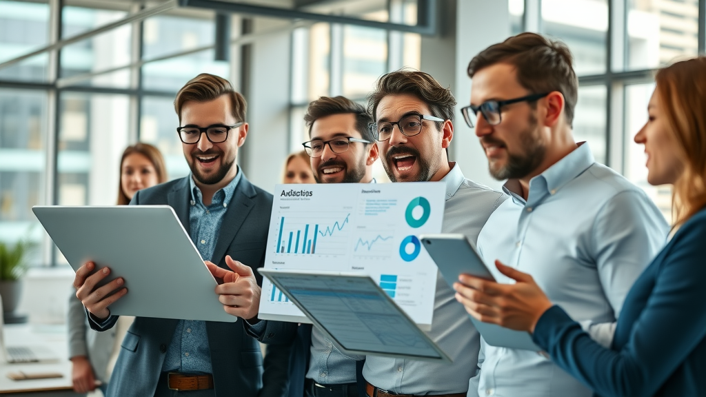 dynamic business team analyzing data with email marketing software dashboards, modern office