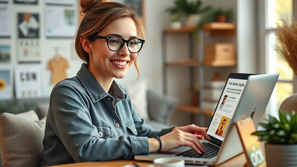 small business owner using free digital marketing tools, cozy home office with DIY marketing materials