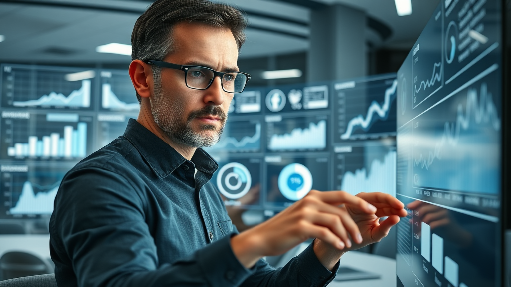 Experienced marketing analyst examining KPIs for social media platforms for small business on performance dashboards