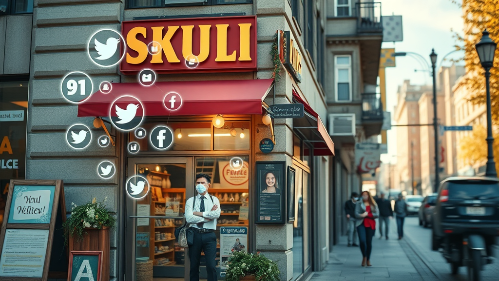 Flourishing small business storefront with digital notifications and social media engagement small business visual metaphor