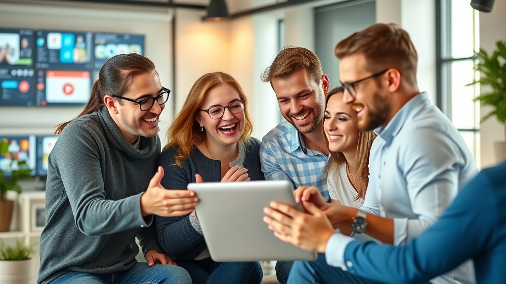 Small business team discussing social media analytics in a modern coworking office for social media engagement small business
