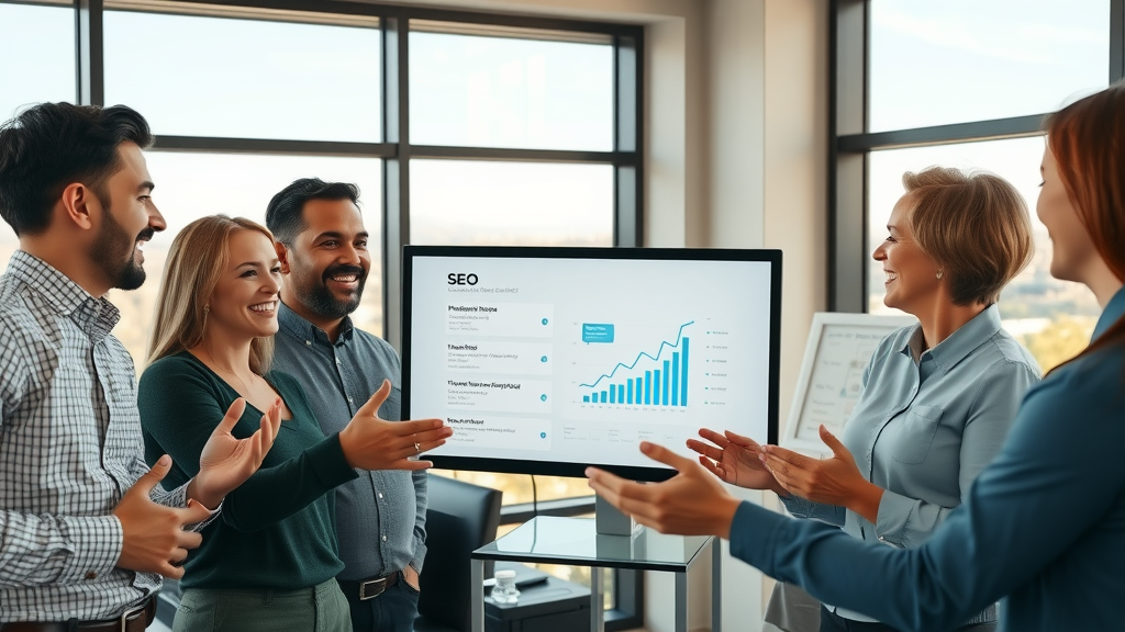 Albuquerque SEO agency team analyzing local SEO graph results with skyline view