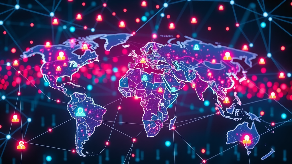 Vibrant social network visualization, digital social media trends 2025, digital icons connecting across a stylized world map.