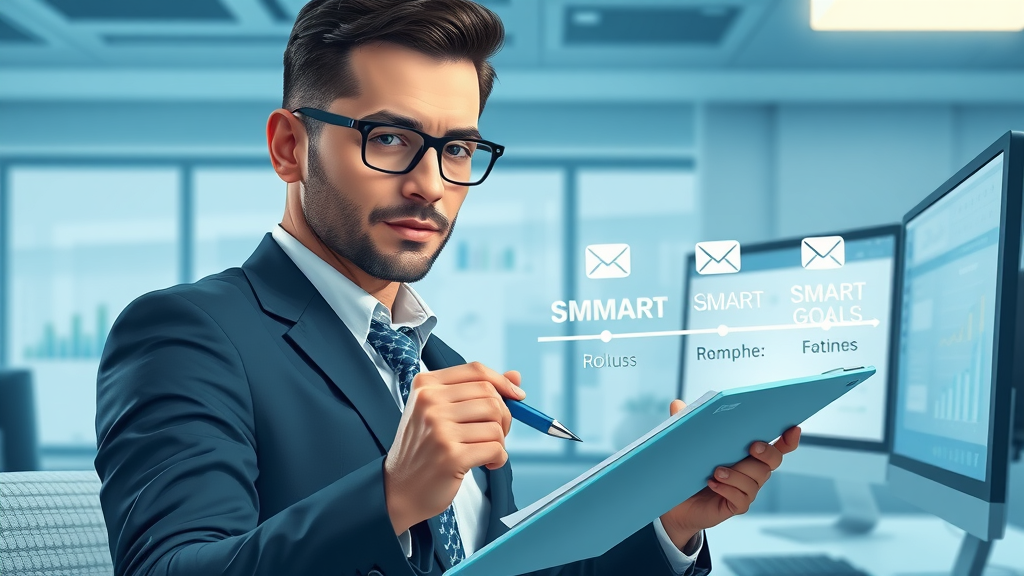 roadmap with SMART goals for email marketing strategy, digital planner, focused professional workspace