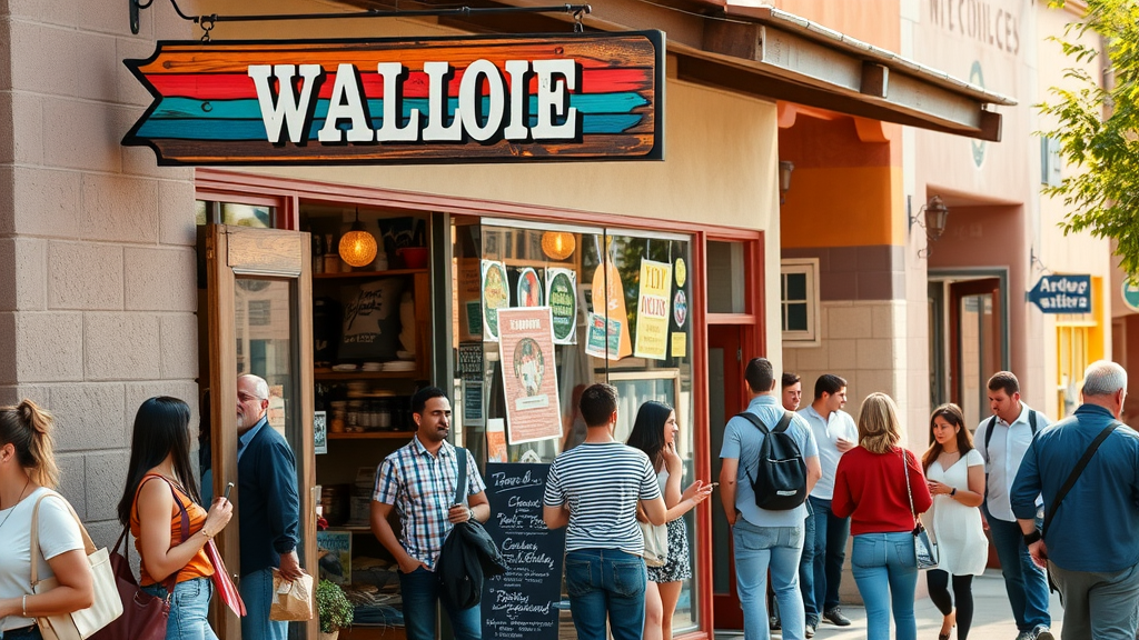 vivid Albuquerque small business storefront showcasing unique branding elements, diverse customers, in Old Town Albuquerque