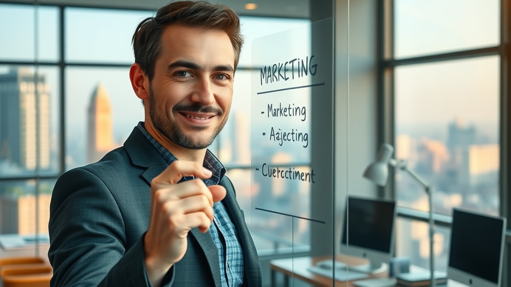 marketer writing clear marketing objectives to improve content marketing ROI on a glass board in a modern office